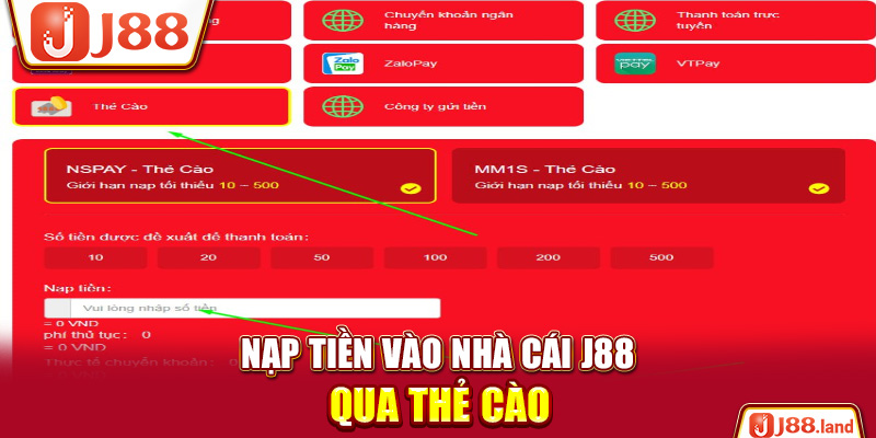 Nạp tiền vào nhà cái J88 qua thẻ cào